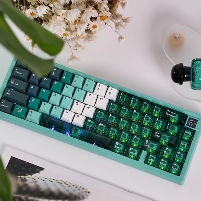 Dark Green Forest 94+114 PBT Dye-subbed PC Crystal Semitransparent Backlit Cool Keycaps Set Screen Printing for Cherry MX Keyboard